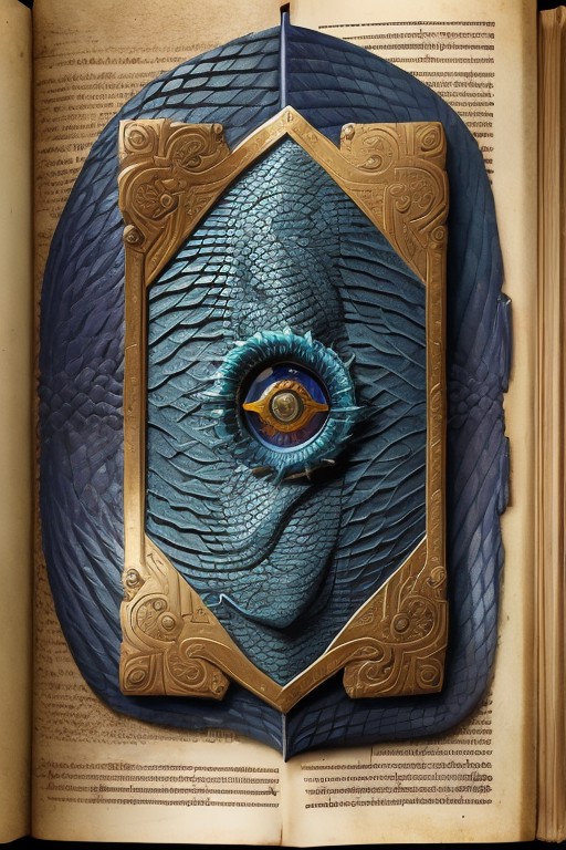 ancient tome with dragon scales with four eyes